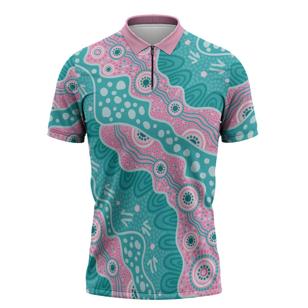 Hereditary Cancer Awareness Australia Indigenous Zipper Polo Shirt Pink and Teal - Aussie Hoodie