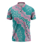 Hereditary Cancer Awareness Australia Indigenous Zipper Polo Shirt Pink and Teal - Aussie Hoodie