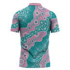 Hereditary Cancer Awareness Australia Indigenous Zipper Polo Shirt Pink and Teal - Aussie Hoodie