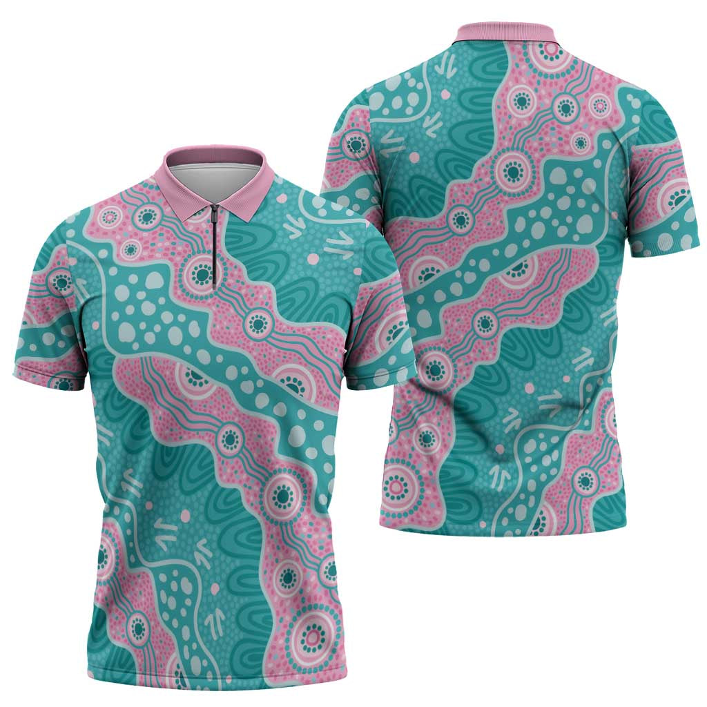 Hereditary Cancer Awareness Australia Indigenous Zipper Polo Shirt Pink and Teal - Aussie Hoodie