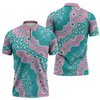 Hereditary Cancer Awareness Australia Indigenous Zipper Polo Shirt Pink and Teal - Aussie Hoodie