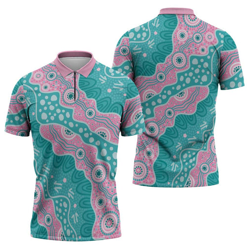 Hereditary Cancer Awareness Australia Indigenous Zipper Polo Shirt Pink and Teal - Aussie Hoodie