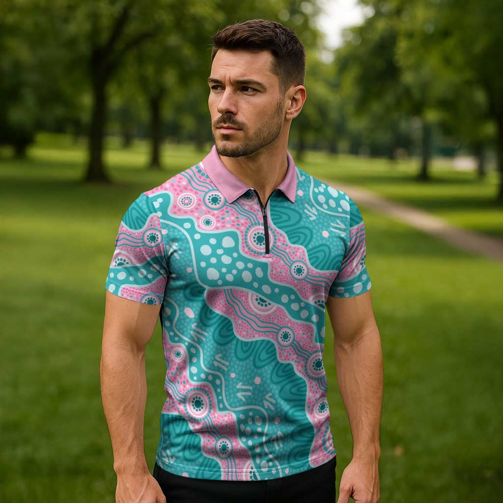 Hereditary Cancer Awareness Australia Indigenous Zipper Polo Shirt Pink and Teal - Aussie Hoodie