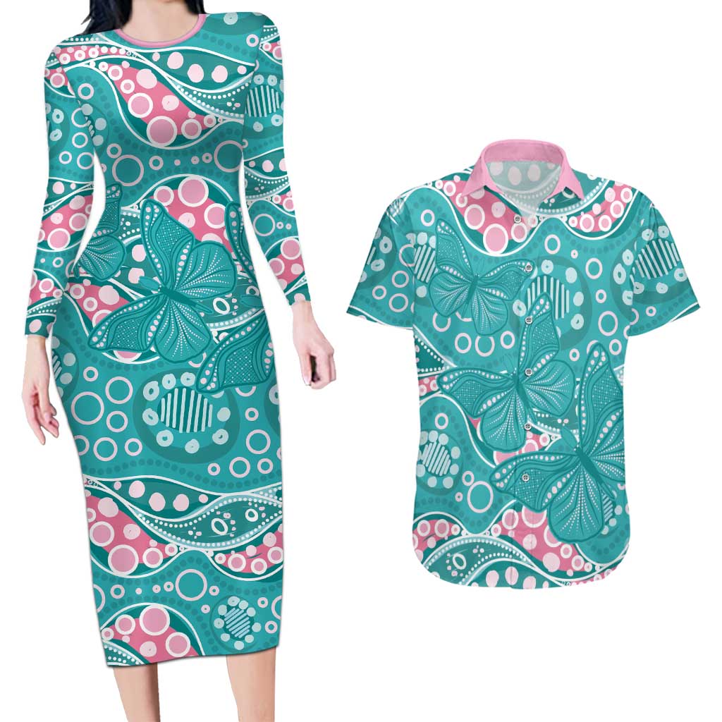Australia Hereditary Cancer Awareness Couples Matching Long Sleeve Bodycon Dress and Hawaiian Shirt Aboriginal Butterflies - Aussie Hoodie