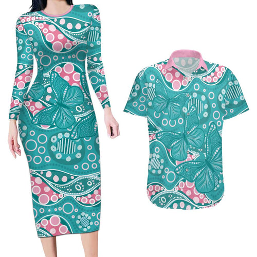 Australia Hereditary Cancer Awareness Couples Matching Long Sleeve Bodycon Dress and Hawaiian Shirt Aboriginal Butterflies - Aussie Hoodie