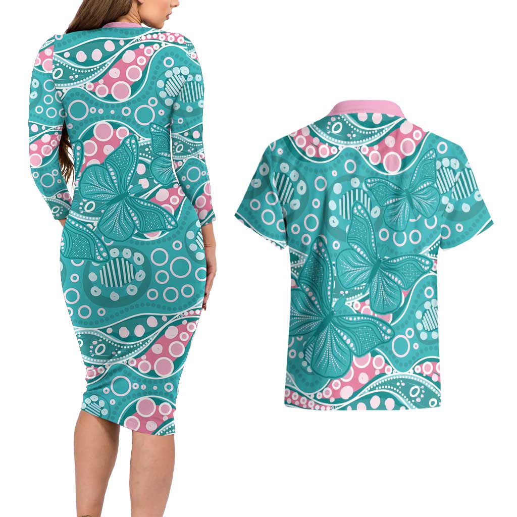 Australia Hereditary Cancer Awareness Couples Matching Long Sleeve Bodycon Dress and Hawaiian Shirt Aboriginal Butterflies - Aussie Hoodie