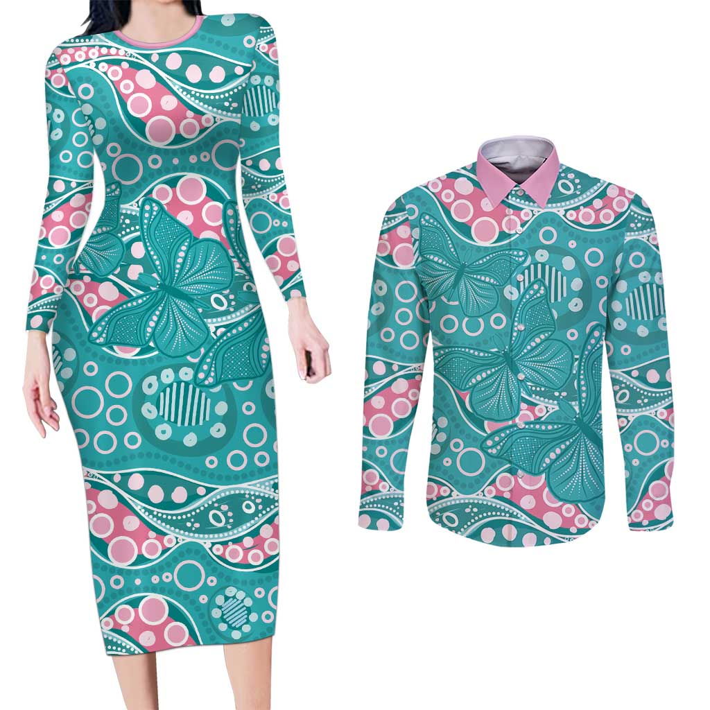 Australia Hereditary Cancer Awareness Couples Matching Long Sleeve Bodycon Dress and Long Sleeve Button Shirt Aboriginal Butterflies - Aussie Hoodie