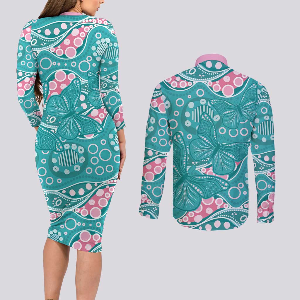 Australia Hereditary Cancer Awareness Couples Matching Long Sleeve Bodycon Dress and Long Sleeve Button Shirt Aboriginal Butterflies - Aussie Hoodie