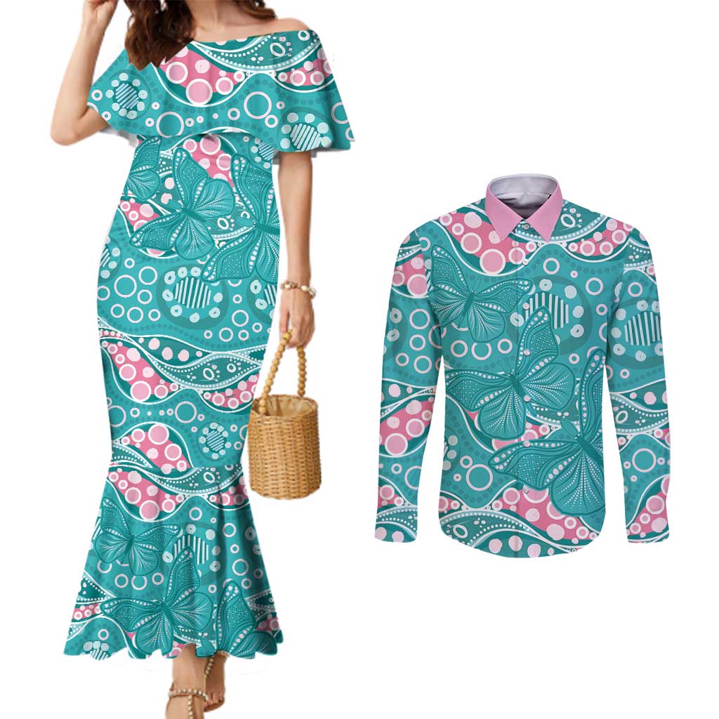 Australia Hereditary Cancer Awareness Couples Matching Mermaid Dress and Long Sleeve Button Shirt Aboriginal Butterflies - Aussie Hoodie