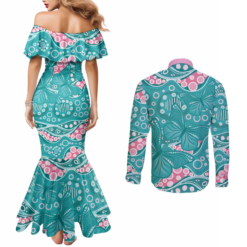 Australia Hereditary Cancer Awareness Couples Matching Mermaid Dress and Long Sleeve Button Shirt Aboriginal Butterflies - Aussie Hoodie