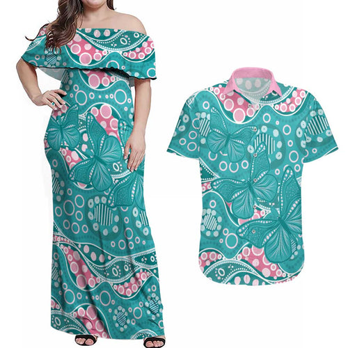 Australia Hereditary Cancer Awareness Couples Matching Off Shoulder Maxi Dress and Hawaiian Shirt Aboriginal Butterflies - Aussie Hoodie