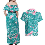 Australia Hereditary Cancer Awareness Couples Matching Off Shoulder Maxi Dress and Hawaiian Shirt Aboriginal Butterflies - Aussie Hoodie