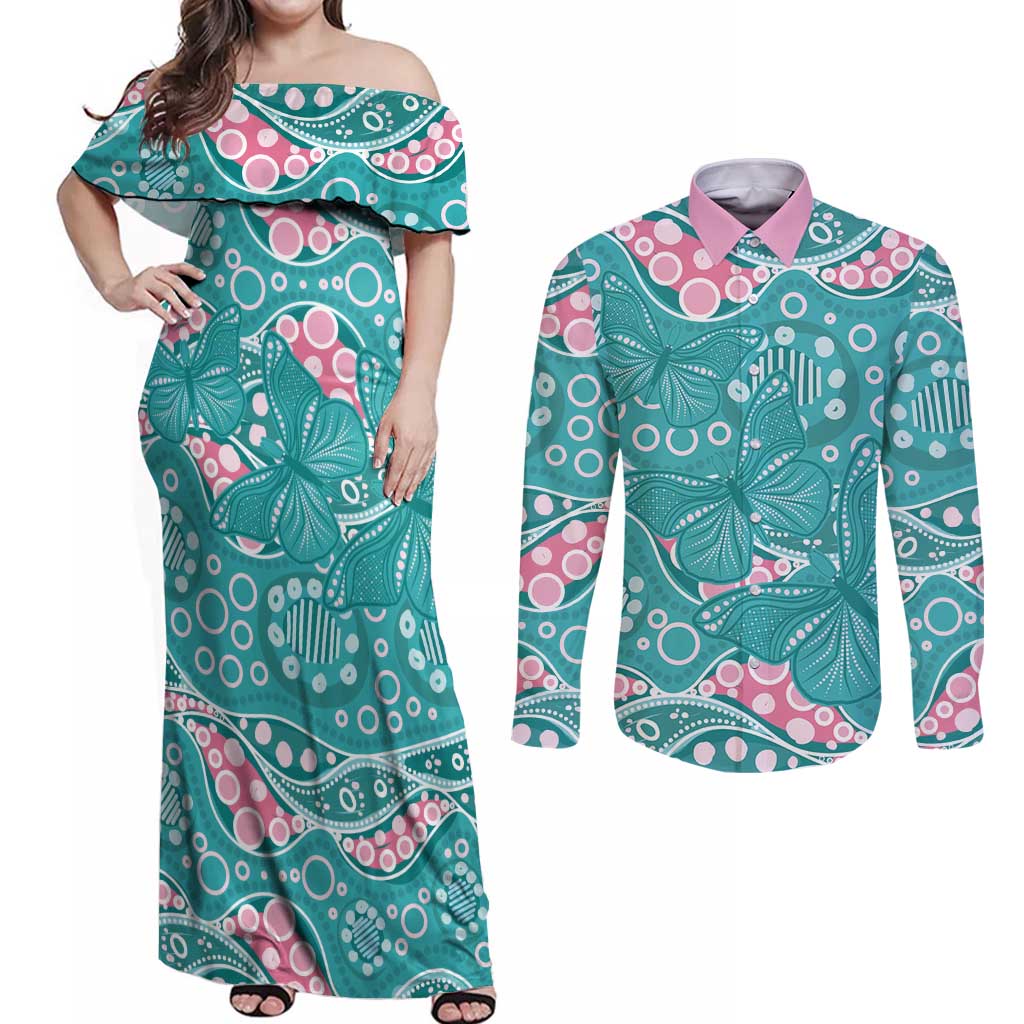Australia Hereditary Cancer Awareness Couples Matching Off Shoulder Maxi Dress and Long Sleeve Button Shirt Aboriginal Butterflies - Aussie Hoodie
