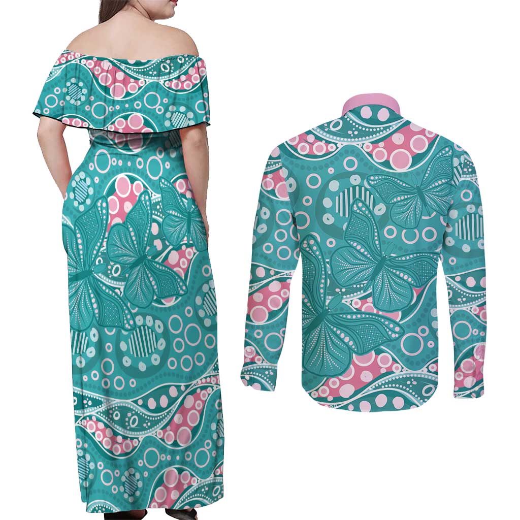 Australia Hereditary Cancer Awareness Couples Matching Off Shoulder Maxi Dress and Long Sleeve Button Shirt Aboriginal Butterflies - Aussie Hoodie