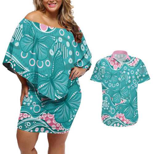 Australia Hereditary Cancer Awareness Couples Matching Off Shoulder Short Dress and Hawaiian Shirt Aboriginal Butterflies - Aussie Hoodie