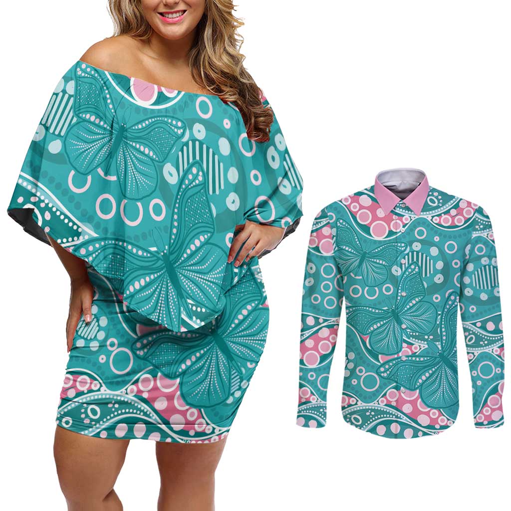 Australia Hereditary Cancer Awareness Couples Matching Off Shoulder Short Dress and Long Sleeve Button Shirt Aboriginal Butterflies - Aussie Hoodie