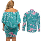 Australia Hereditary Cancer Awareness Couples Matching Off Shoulder Short Dress and Long Sleeve Button Shirt Aboriginal Butterflies - Aussie Hoodie