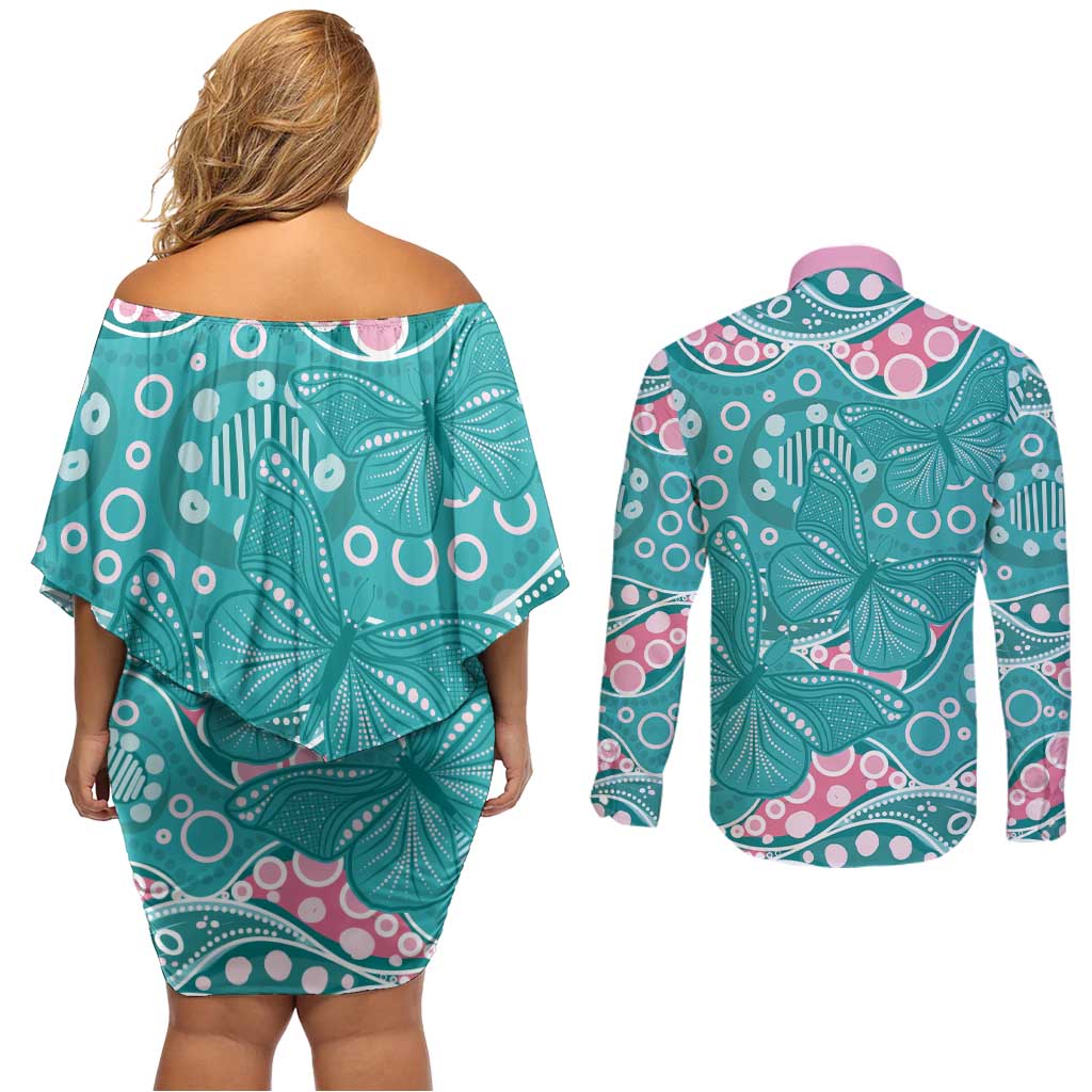 Australia Hereditary Cancer Awareness Couples Matching Off Shoulder Short Dress and Long Sleeve Button Shirt Aboriginal Butterflies - Aussie Hoodie