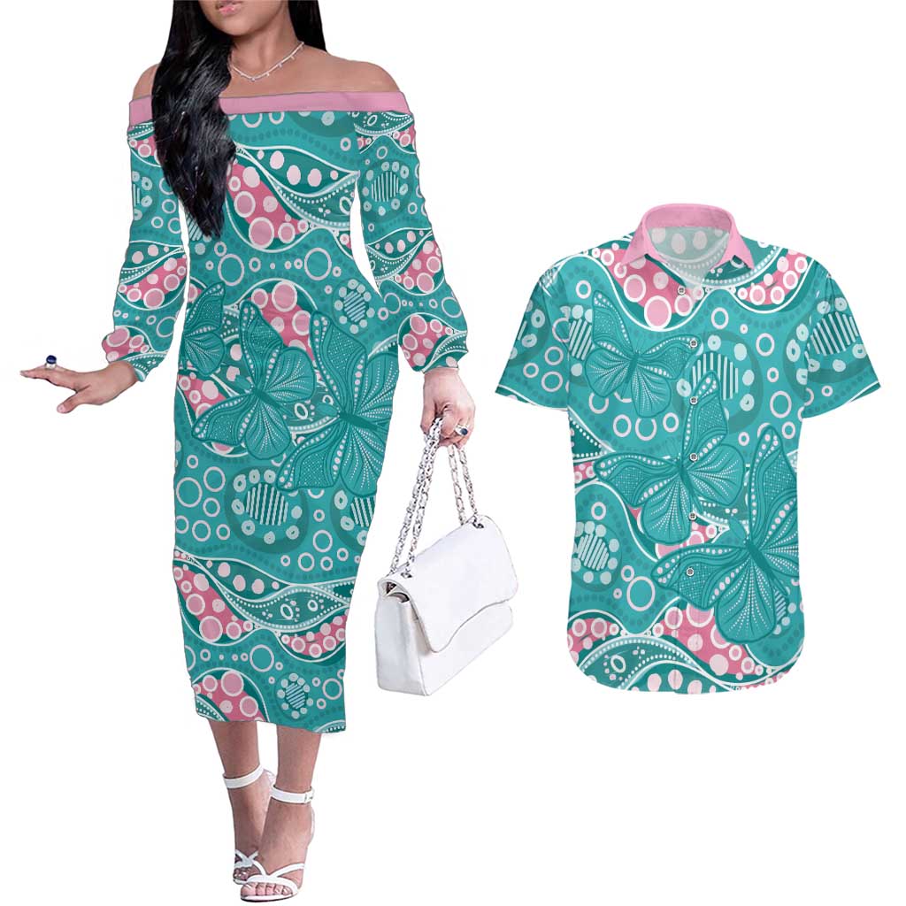 Australia Hereditary Cancer Awareness Couples Matching Off The Shoulder Long Sleeve Dress and Hawaiian Shirt Aboriginal Butterflies - Aussie Hoodie
