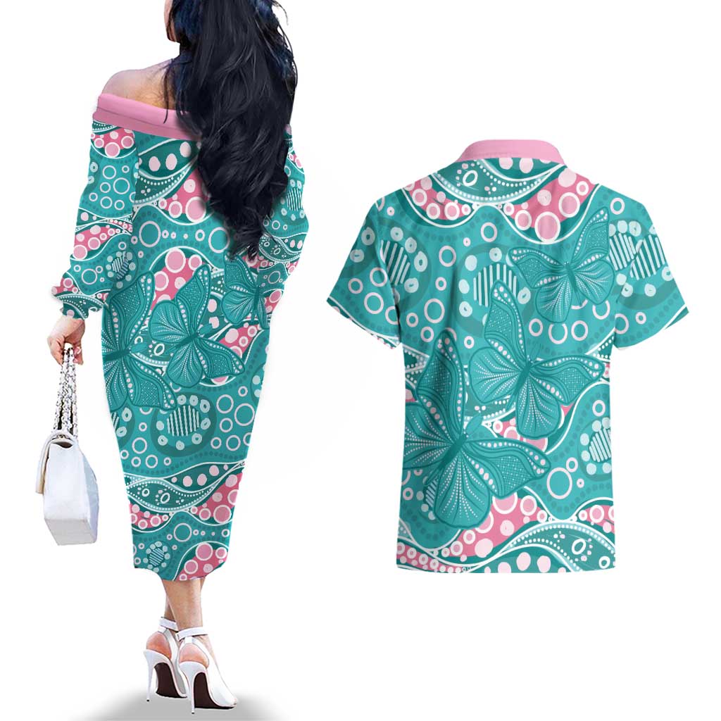 Australia Hereditary Cancer Awareness Couples Matching Off The Shoulder Long Sleeve Dress and Hawaiian Shirt Aboriginal Butterflies - Aussie Hoodie