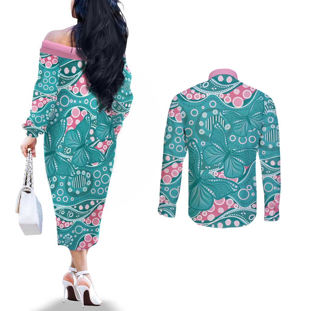 Australia Hereditary Cancer Awareness Couples Matching Off The Shoulder Long Sleeve Dress and Long Sleeve Button Shirt Aboriginal Butterflies - Aussie Hoodie