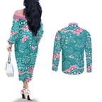 Australia Hereditary Cancer Awareness Couples Matching Off The Shoulder Long Sleeve Dress and Long Sleeve Button Shirt Aboriginal Butterflies - Aussie Hoodie