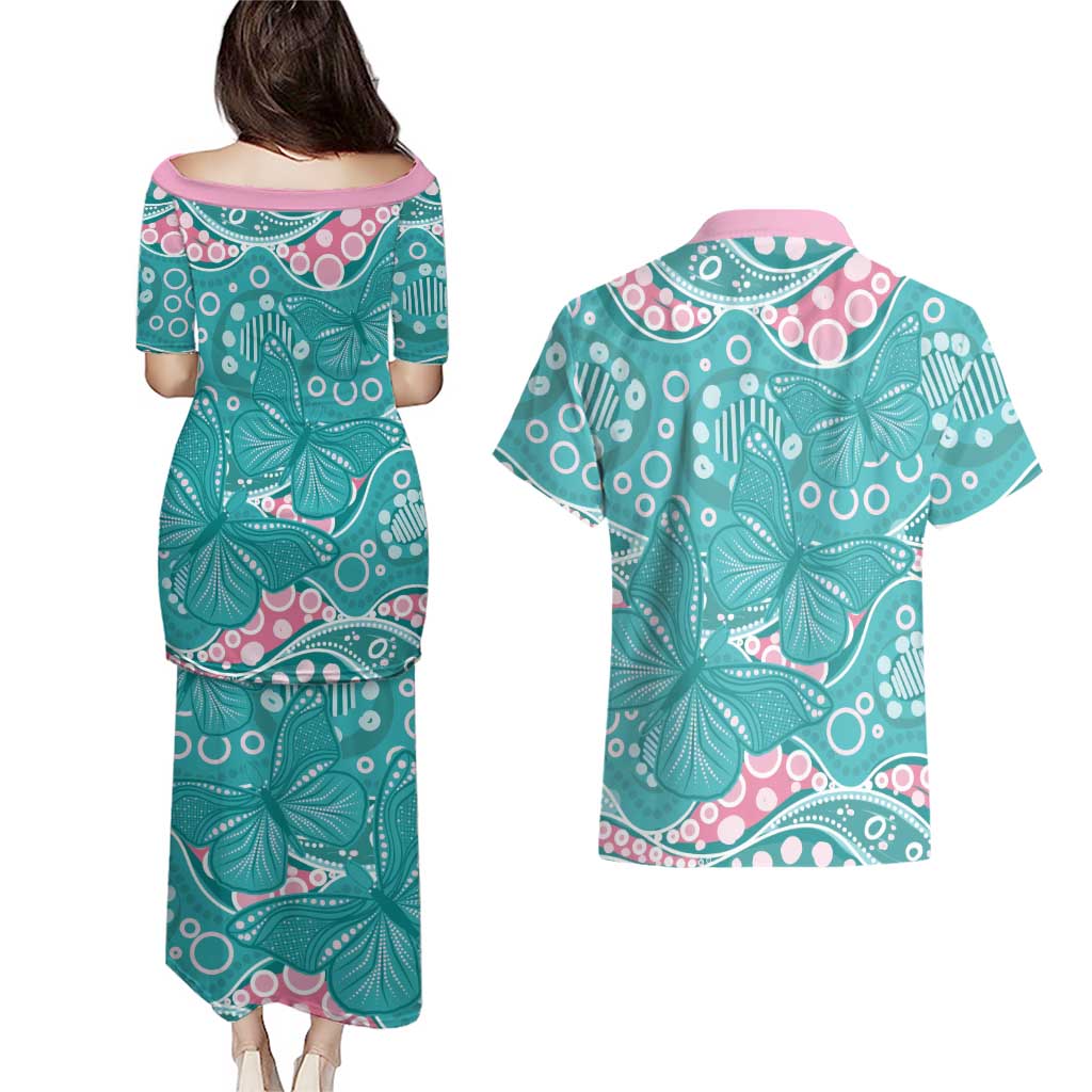 Australia Hereditary Cancer Awareness Couples Matching Puletasi and Hawaiian Shirt Aboriginal Butterflies - Aussie Hoodie