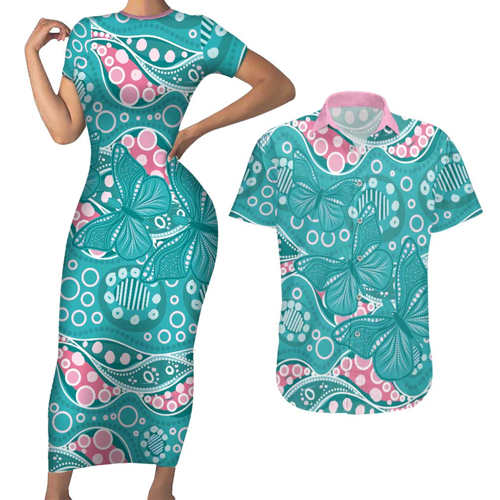 Australia Hereditary Cancer Awareness Couples Matching Short Sleeve Bodycon Dress and Hawaiian Shirt Aboriginal Butterflies - Aussie Hoodie