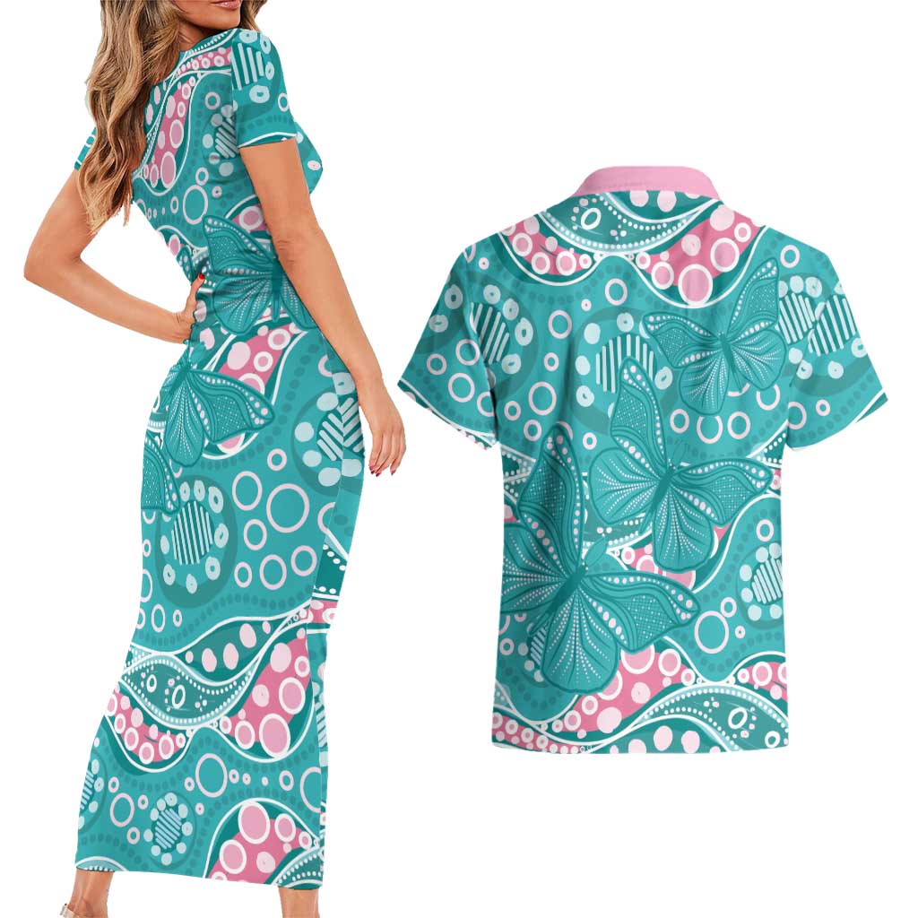 Australia Hereditary Cancer Awareness Couples Matching Short Sleeve Bodycon Dress and Hawaiian Shirt Aboriginal Butterflies - Aussie Hoodie