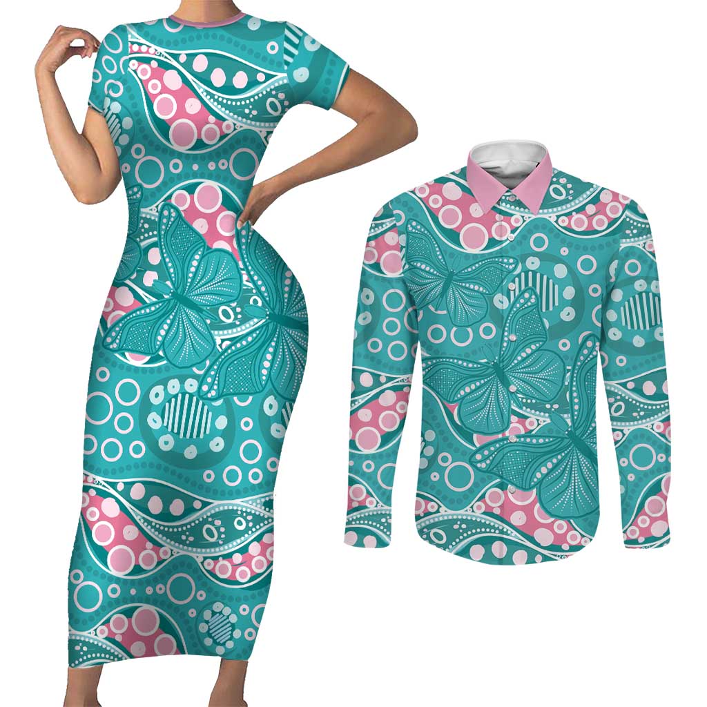 Australia Hereditary Cancer Awareness Couples Matching Short Sleeve Bodycon Dress and Long Sleeve Button Shirt Aboriginal Butterflies - Aussie Hoodie