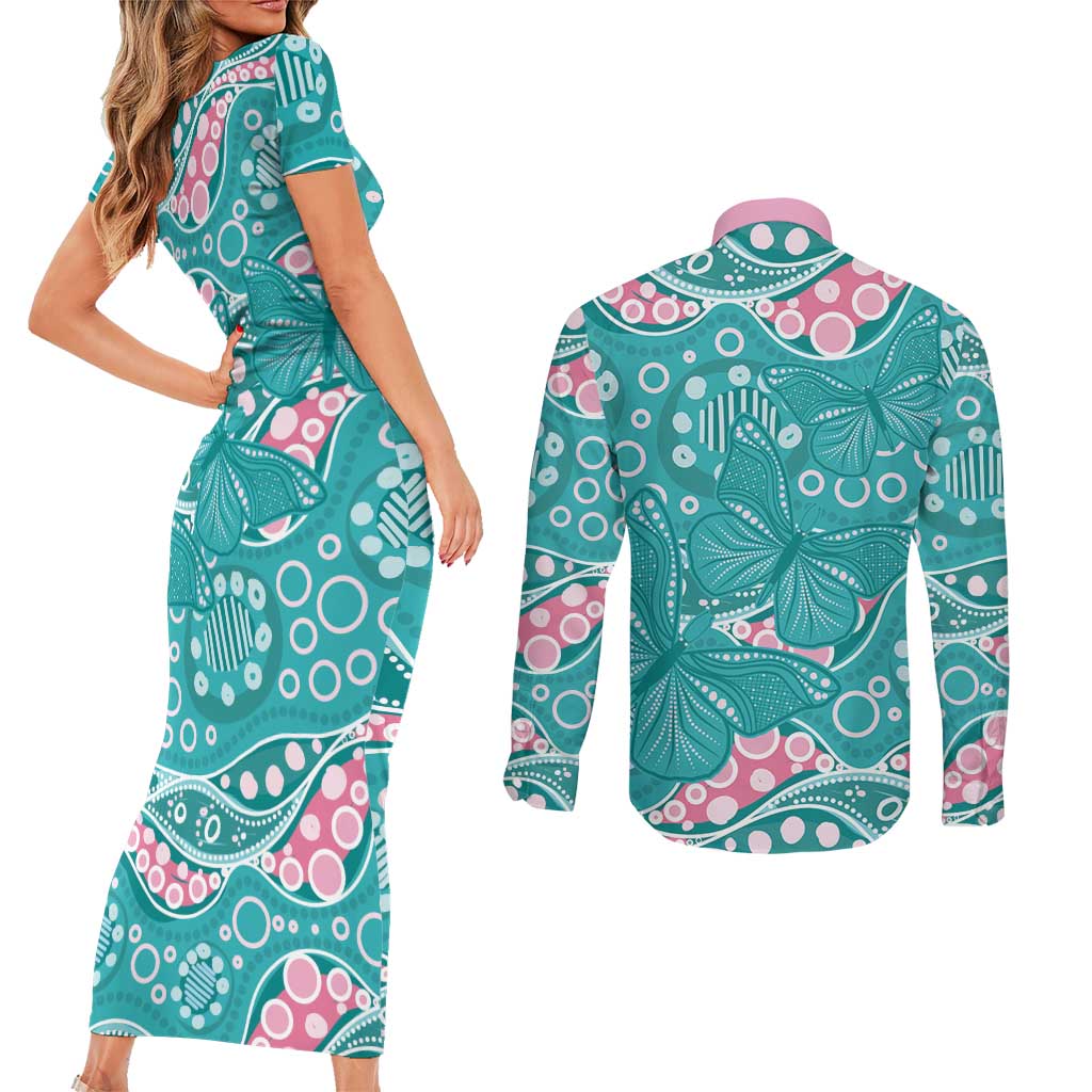 Australia Hereditary Cancer Awareness Couples Matching Short Sleeve Bodycon Dress and Long Sleeve Button Shirt Aboriginal Butterflies - Aussie Hoodie