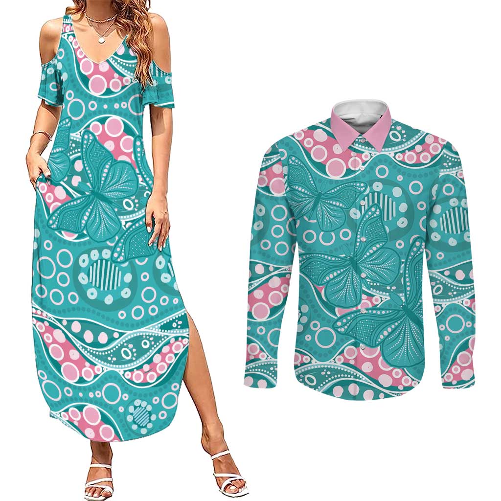 Australia Hereditary Cancer Awareness Couples Matching Summer Maxi Dress and Long Sleeve Button Shirt Aboriginal Butterflies - Aussie Hoodie