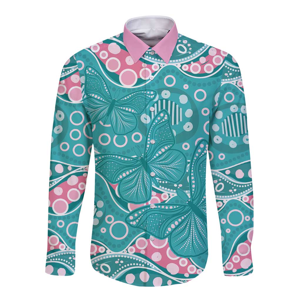 Australia Hereditary Cancer Awareness Long Sleeve Button Shirt Aboriginal Butterflies - Aussie Hoodie
