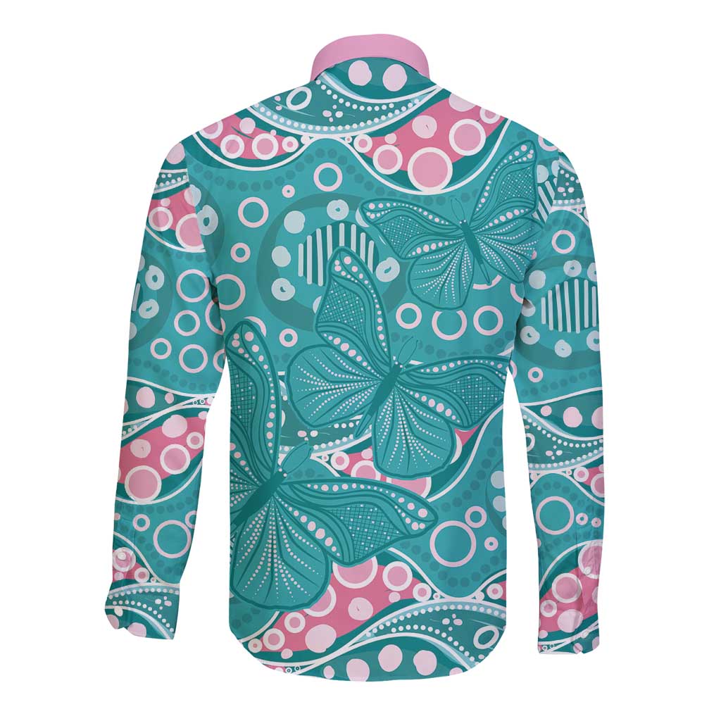 Australia Hereditary Cancer Awareness Long Sleeve Button Shirt Aboriginal Butterflies - Aussie Hoodie