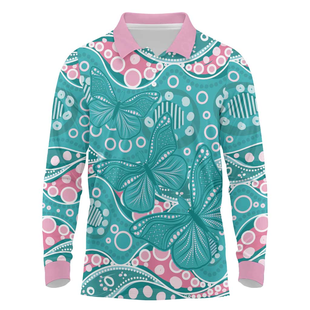 Australia Hereditary Cancer Awareness Long Sleeve Polo Shirt Aboriginal Butterflies - Aussie Hoodie