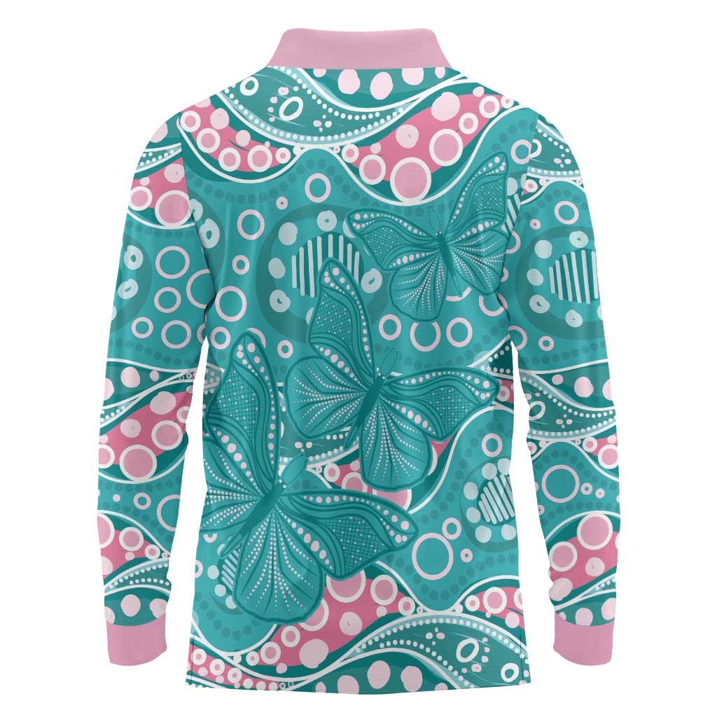 Australia Hereditary Cancer Awareness Long Sleeve Polo Shirt Aboriginal Butterflies - Aussie Hoodie