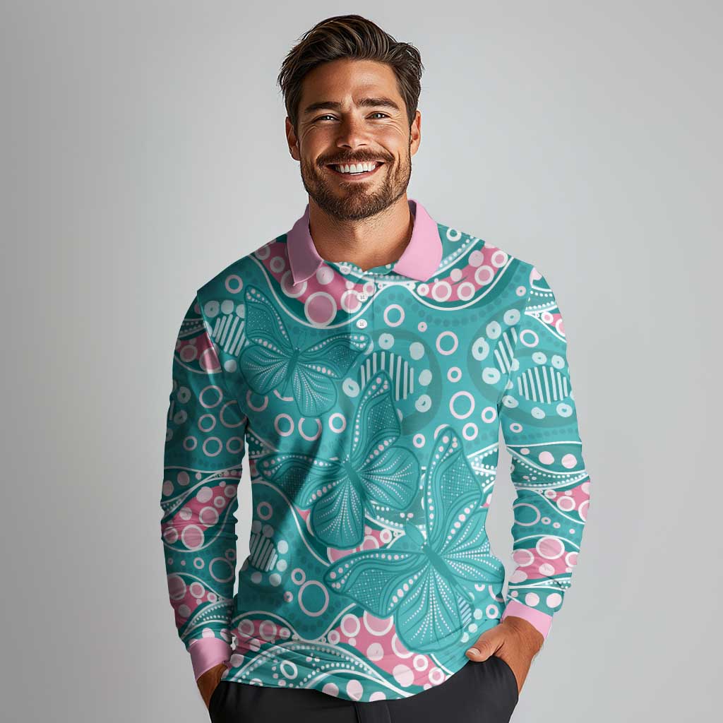 Australia Hereditary Cancer Awareness Long Sleeve Polo Shirt Aboriginal Butterflies - Aussie Hoodie