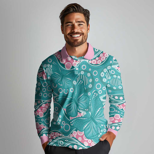 Australia Hereditary Cancer Awareness Long Sleeve Polo Shirt Aboriginal Butterflies - Aussie Hoodie