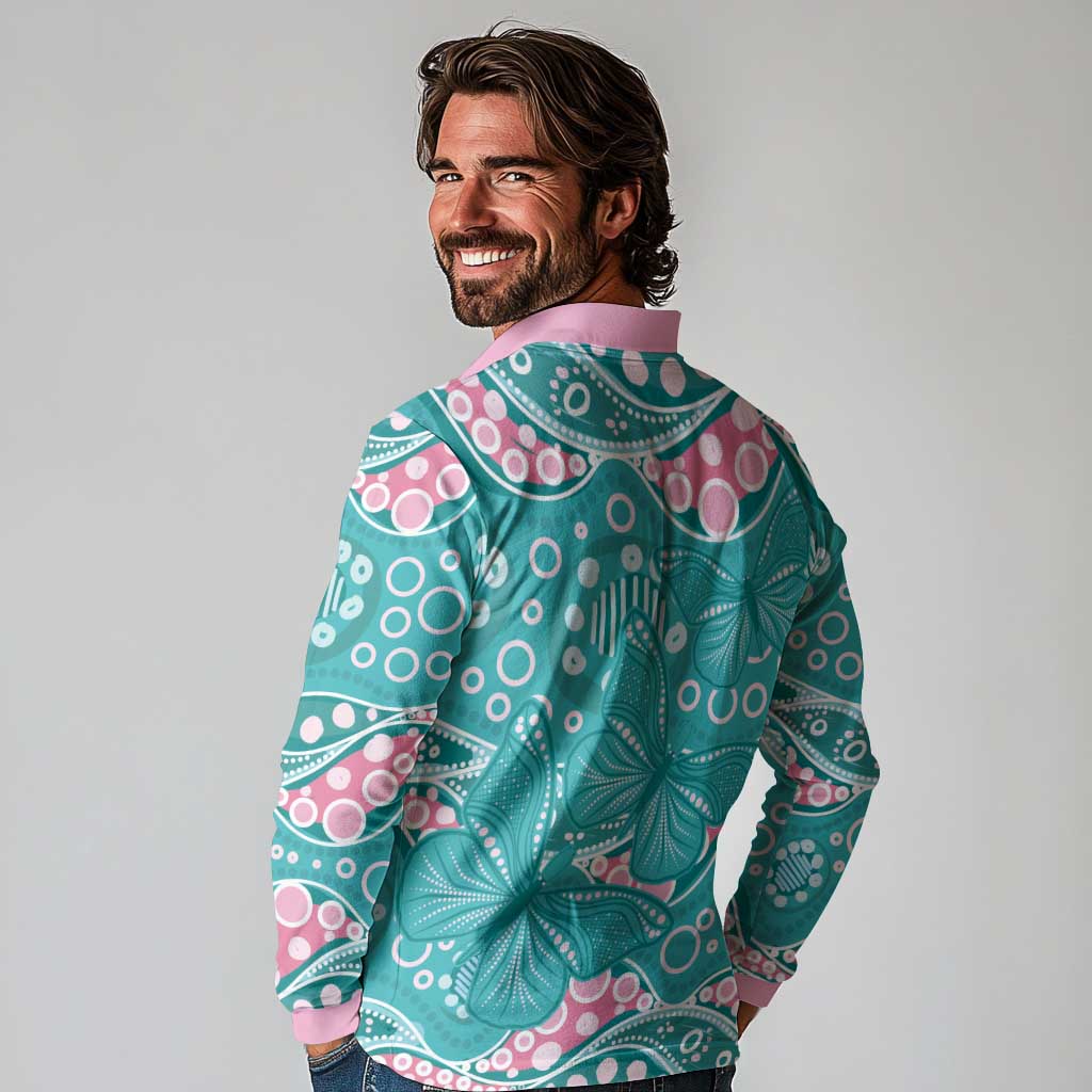 Australia Hereditary Cancer Awareness Long Sleeve Polo Shirt Aboriginal Butterflies - Aussie Hoodie