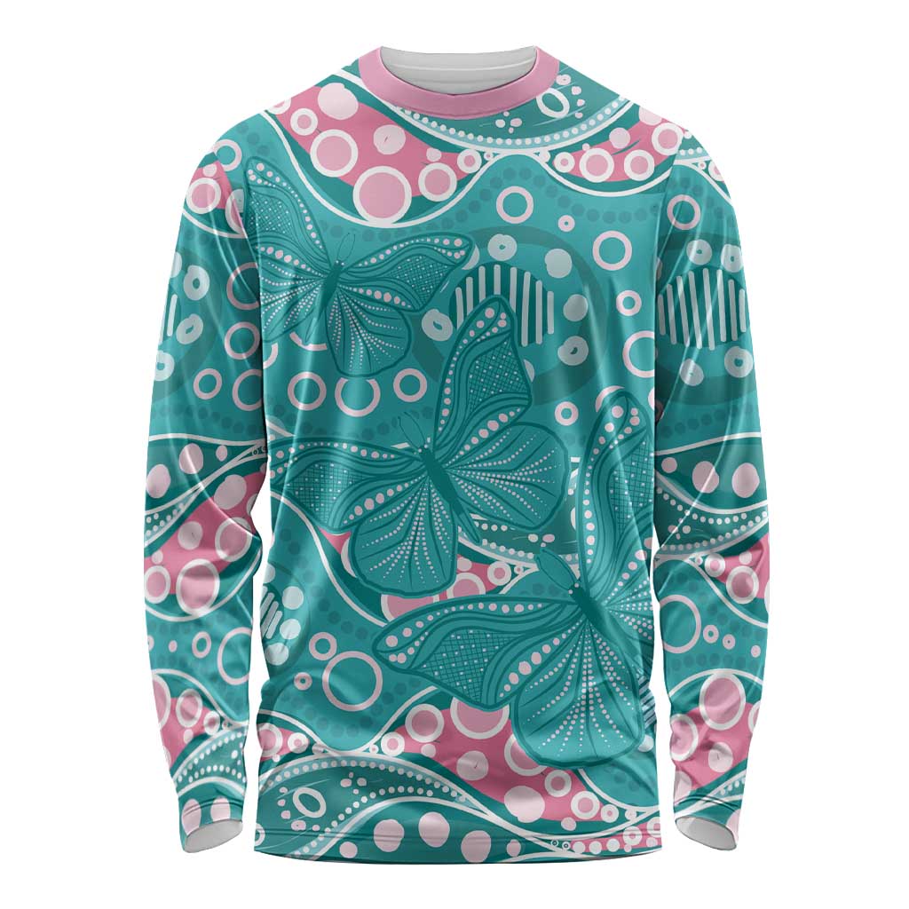 Australia Hereditary Cancer Awareness Long Sleeve Shirt Aboriginal Butterflies - Aussie Hoodie