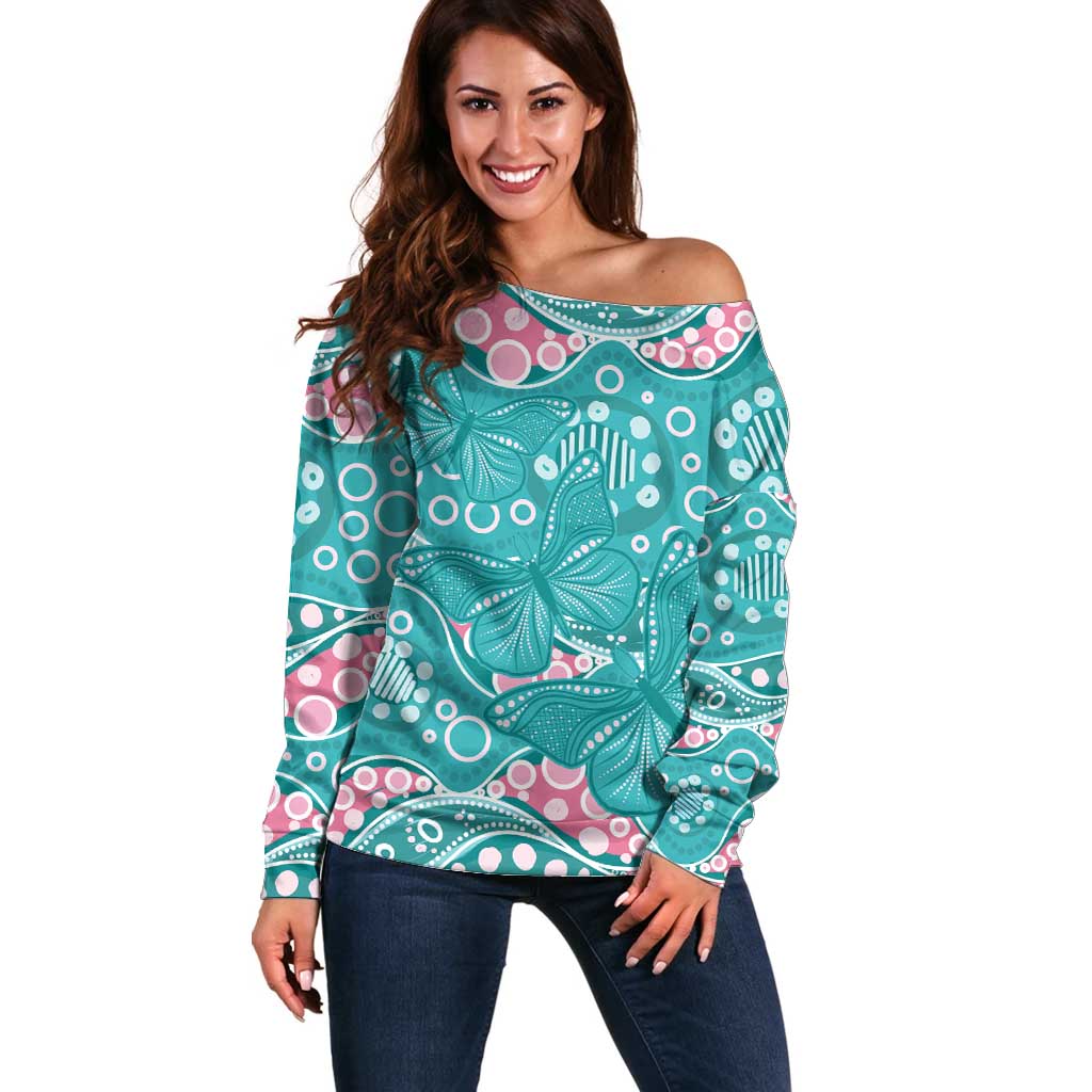 Australia Hereditary Cancer Awareness Off Shoulder Sweater Aboriginal Butterflies - Aussie Hoodie