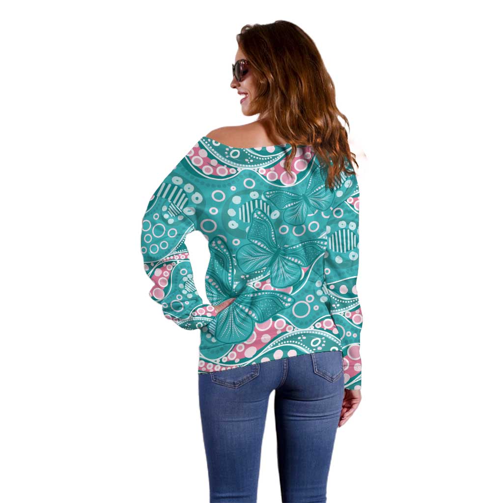 Australia Hereditary Cancer Awareness Off Shoulder Sweater Aboriginal Butterflies - Aussie Hoodie