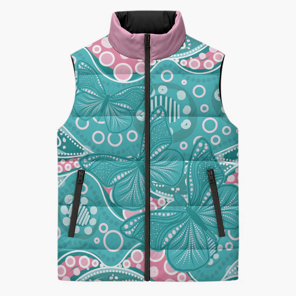 Australia Hereditary Cancer Awareness Sleeveless Puffer Jacket Aboriginal Butterflies - Aussie Hoodie