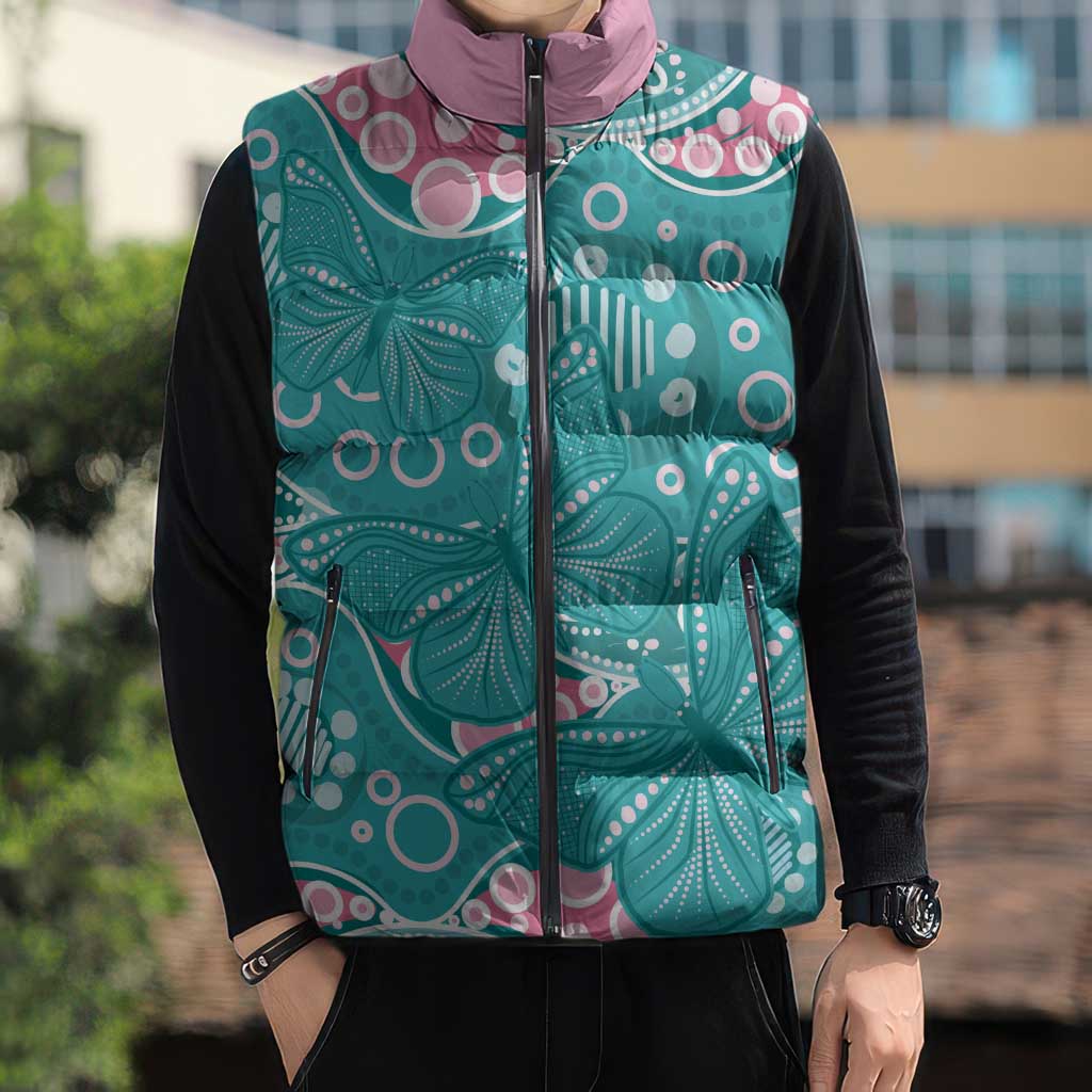 Australia Hereditary Cancer Awareness Sleeveless Puffer Jacket Aboriginal Butterflies - Aussie Hoodie
