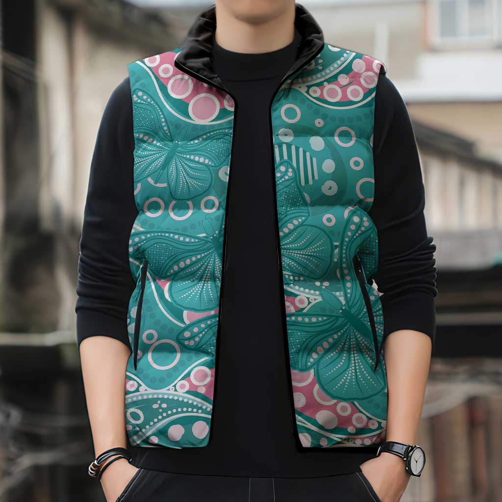 Australia Hereditary Cancer Awareness Sleeveless Puffer Jacket Aboriginal Butterflies - Aussie Hoodie