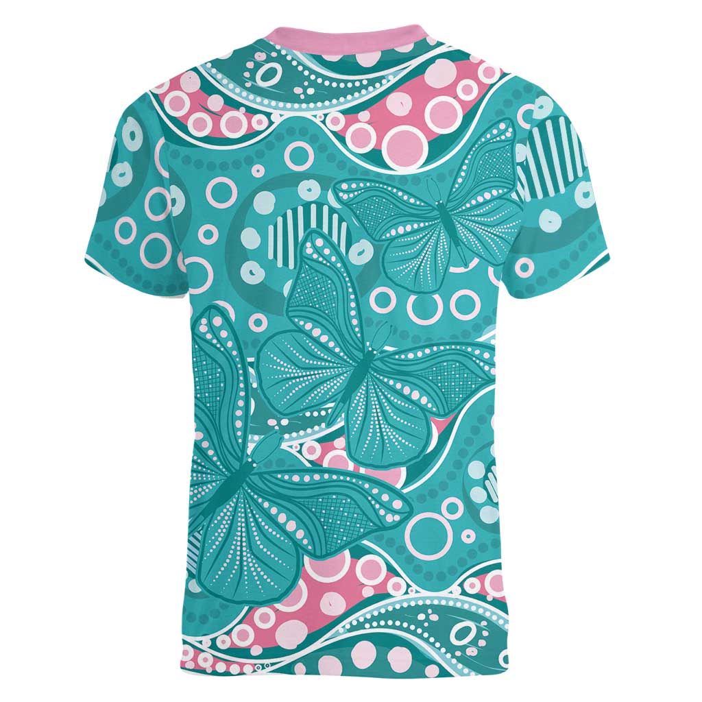 Australia Hereditary Cancer Awareness Women V-Neck T-Shirt Aboriginal Butterflies - Aussie Hoodie