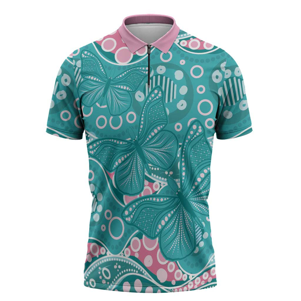 Australia Hereditary Cancer Awareness Zipper Polo Shirt Aboriginal Butterflies - Aussie Hoodie