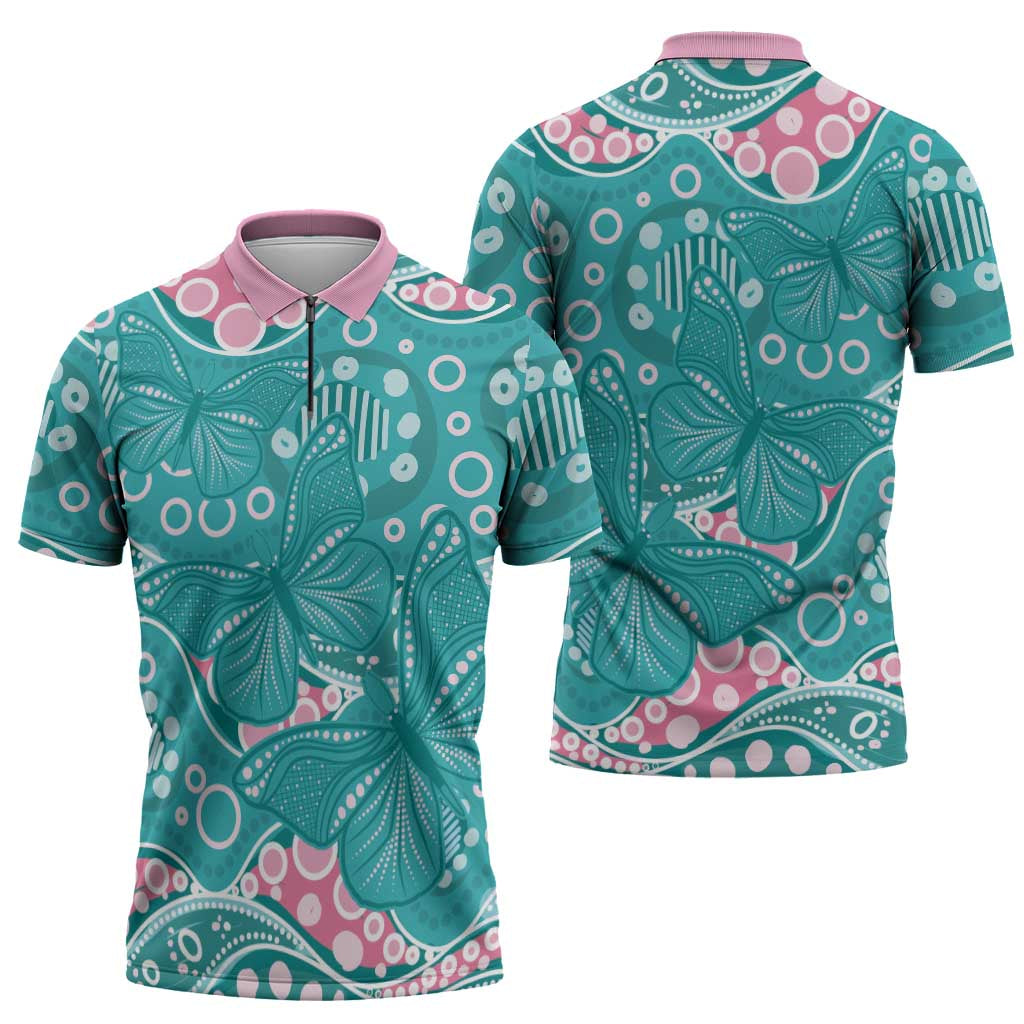 Australia Hereditary Cancer Awareness Zipper Polo Shirt Aboriginal Butterflies - Aussie Hoodie