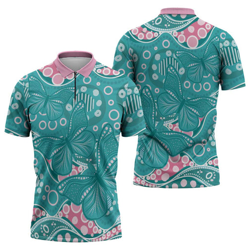 Australia Hereditary Cancer Awareness Zipper Polo Shirt Aboriginal Butterflies - Aussie Hoodie