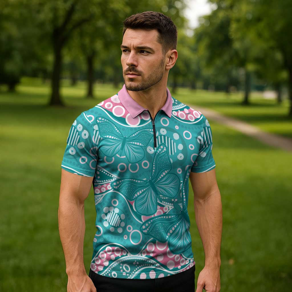 Australia Hereditary Cancer Awareness Zipper Polo Shirt Aboriginal Butterflies - Aussie Hoodie